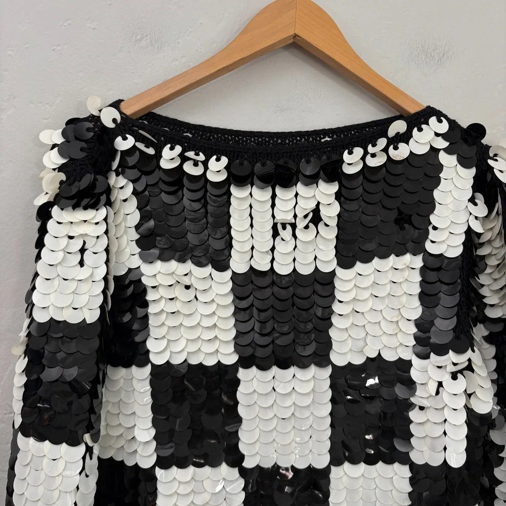 Vintage Sequin Sweater Women Size Small? Black White Checkered Hand Knit Wool - Picture 6 of 11
